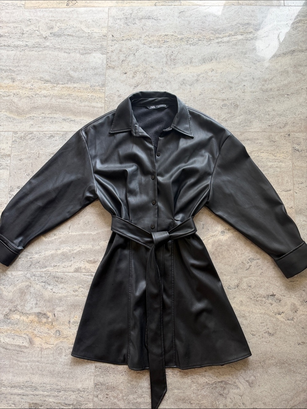 Zara Black Faux Leather Belted Dress